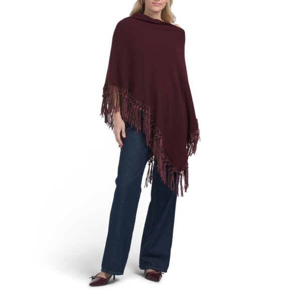 TESMA bordeaux Made In Italy Cashmere Blend Poncho With Real Suede Fringes - Picture 1 of 2